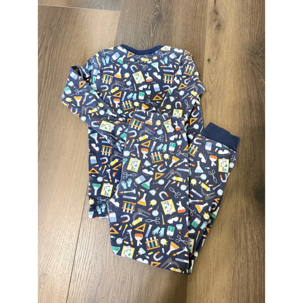 Janie and Jack Kids Navy Blue Science Lab STEM Print Cotton Pajama Set Size 6